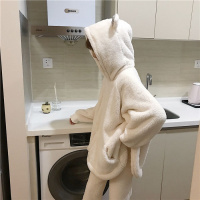 韩版加绒毛绒绒睡衣女秋冬学生套装可爱保暖连帽宽松闺蜜家居服串得起