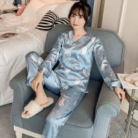 冰丝睡衣女士春秋长袖夏天薄款性感韩版仿真丝绸家居服两件套装串得起