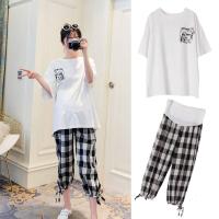 孕妇装夏装套装时尚款T恤上衣孕妇套装托腹裤格子连衣裙俩件套串得起