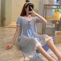 睡衣睡裙女夏季2021年新雾蓝短袖棉质春秋天高级感家居服串得起