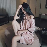 2021夏季睡裙女短袖长裙宽松薄款性感开衫纯色睡衣丝绸家居服串得起