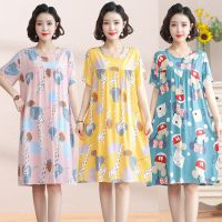 中年女士棉绸睡裙夏年轻妈妈睡衣宽松连衣裙大码洋气人造棉家居服串得起