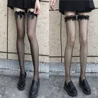 长筒蝴蝶结过膝袜女jk渔网袜网红黑丝袜ins白色花边蕾丝连裤袜串得起