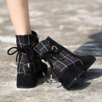 2021秋季新款粗跟短靴法式淑女复古蝴蝶结绒面及踝靴chic中跟串得起