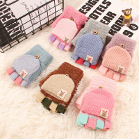 冬季保暖手套可爱卡通露指翻盖半指毛线针织男女童学生写字用串得起
