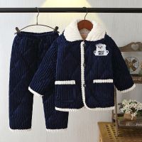 秋冬季珊瑚绒儿童睡衣女童男童夹棉加绒加厚款宝宝小孩法兰绒套装串得起