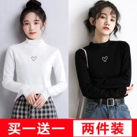 2021新款半高领黑色刺绣加绒学生打底衫女t秋冬薄款内搭长袖T上衣串得起