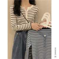 条纹针织衫长袖T恤女早秋装2021年新款外穿百搭修身显瘦内搭打底串得起