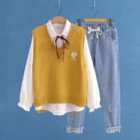 初高中女生12-15岁休闲毛衣学生马甲秋季套装大童学院风三件套16串得起