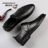 OKKER BULLS澳克公牛男鞋秋季商务鞋男休闲皮鞋便捷魔术贴一脚蹬纯黑耐脏耐磨男鞋真皮透气