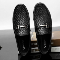 OKKER BULLS澳克公牛男鞋春季豆豆鞋头层牛皮男鞋真皮透气压花编织英伦商务时尚休闲皮鞋男