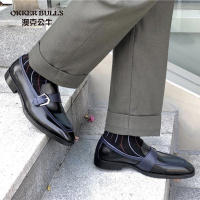 OKKER BULLS澳克公牛男鞋新款孟克鞋搭扣欧美复古商务休闲真皮英伦男士一脚蹬套脚乐福鞋