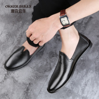 OKKER BULLS澳克公牛男鞋一脚蹬男鞋懒人鞋软底休闲小皮鞋男真皮百搭春秋透气纯黑色鞋