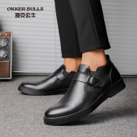 OKKER BULLS澳克公牛男鞋秋季商务休闲鞋男皮鞋头层牛皮英伦纯黑小码35码搭扣真皮男鞋大码