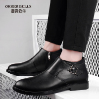 OKKER BULLS澳克公牛男鞋冬季保暖加绒商务皮靴男英伦正装皮鞋真皮纯黑短筒大码男靴子