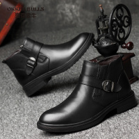 OKKER BULLS澳克公牛男鞋冬季商务正装皮鞋男拉链皮靴真皮纯黑保暖加绒棉鞋大码男鞋潮