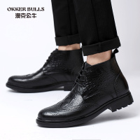 OKKER BULLS澳克公牛男鞋冬季男士正装商务皮靴布洛克花大码男鞋小码保暖加绒棉鞋男