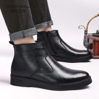 OKKER BULLS澳克公牛男鞋冬季小码商务真皮男鞋皮靴纯黑色保暖加绒高帮皮鞋大码拉链短靴男