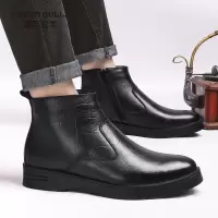 OKKER BULLS澳克公牛男鞋冬季小码商务真皮男鞋皮靴纯黑色保暖加绒高帮皮鞋大码拉链短靴男
