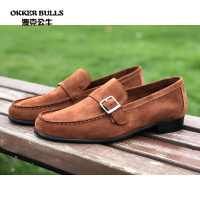 OKKER BULLS澳克公牛男鞋英伦韩版复古牛皮男鞋新款乐福鞋男单扣孟克休闲男士一脚蹬潮