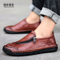 YIBULUOTUO皮鞋男秋季舒适真皮商务中老年人韩版潮流男士黑色软底百搭套脚休闲鞋手工缝制