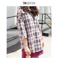 拉夏贝尔[热卖]格子衬衫女韩版露肩七分袖衬衣学生假两件设计感小众