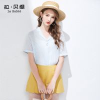 拉夏贝尔条纹短袖衬衫心机设计感夏季新款很仙的上衣vetiver