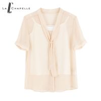 拉夏贝尔拉夏贝尔夏季新款雪纺衫女韩版v领绑带纯色短袖上衣