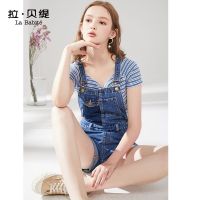 拉夏贝尔牛仔短裤女装高腰夏季新款韩版宽松背带裤直筒阔腿裤