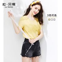 拉夏贝尔紫色短袖t恤女夏装新款韩版宽松衣服蕾丝半袖上衣ins