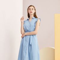 拉夏贝尔v领收腰连衣裙女夏女装韩版a字裙中长款裙子仙