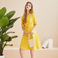 拉夏贝尔 | 小香风v领连衣裙夏女装流行小个子智熏裙法式桔梗裙