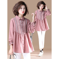  大码文艺气质时尚宽松显瘦遮肚子印花拼接长袖衬衫女中长款衬衣2019春装上衣