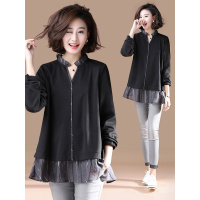  原创大码假两件V领长袖T恤宽松上衣女韩版春秋装2019新款