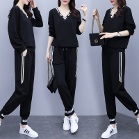  胖mm秋装胖人显瘦套装女胖子洋气减龄遮肚时髦休闲运动卫衣两件套