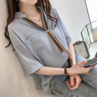  2020夏装女装新款时尚条纹领带衬衫女短袖上衣宽松百搭半袖衬衣潮