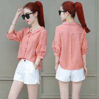 中袖衬衫女宽松2020春新款韩版洋气时尚气质娃娃领衬衣上衣服