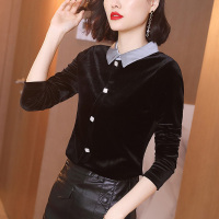  黑色金丝绒打底衬衫大码女装秋冬2020春季新款娃娃领修身衬衣长袖小香风上衣