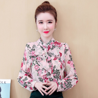 优雅显瘦百搭印花长袖衬衫春秋雪纺衫上衣