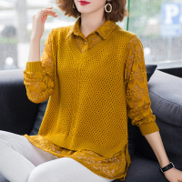 薄款蕾丝长袖春秋装新款衬衫领毛衣女宽松外穿潮
