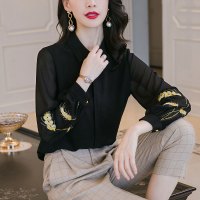 衫女2020春秋新款时尚绣花长袖休闲宽松上衣