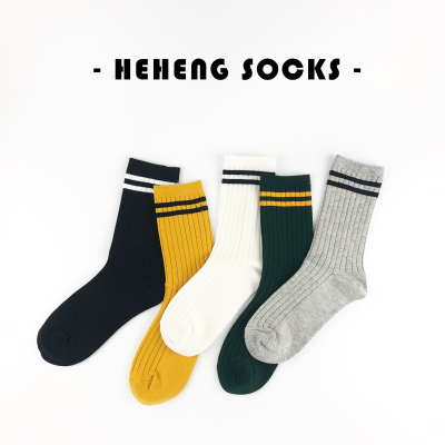 Heheng·和亨 2019年秋季新款双针日韩学院风双条纹中长筒百搭棉袜女