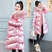 佚貌YIMAO 2021冬季亮面中长款修身加厚棉衣女通勤拉链连帽纯色气质大毛领时尚羽绒棉棉服