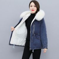 佚貌YIMAO 2021冬装新款加厚加绒牛仔棉衣女带毛领牛仔棉服休闲女式牛仔外套