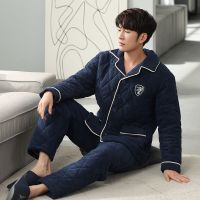 佚貌YIMAO 2021新款男士秋冬三层夹棉翻领睡衣大码法兰绒长袖家居服套装男冬