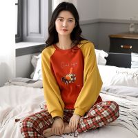 佚貌YIMAO 2021新款睡衣少女秋冬长袖棉质韩版卡通可爱格子女士家居服套装冬