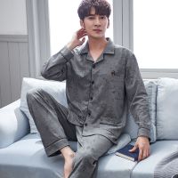 佚貌YIMAO 秋冬男士纯棉简约印花绅士深灰翻领长裤长袖宽松加大加肥外穿套装