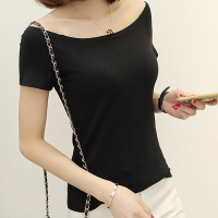 [多色可选]秀衫衫95%精梳棉短袖2019夏季女装新款韩版款式百搭显瘦性感甜美一字肩上衣019