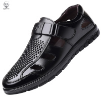 老人头2020夏季凉鞋男真皮休闲镂空皮凉鞋夏天透气洞洞鞋中老年人防滑爸爸鞋