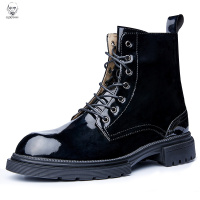 老人头2021马丁靴男潮流亮皮英伦百搭休闲中帮靴子秋季软底韩版工装短靴子男